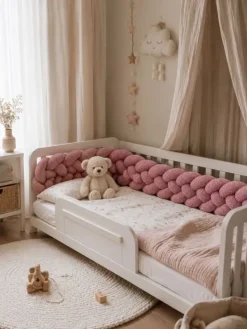 Hot Bouclé Palmikko reunasuoja pinnasänkyyn ja juniorisänkyyn - Pink Vuodevaatteet Ja Viltit