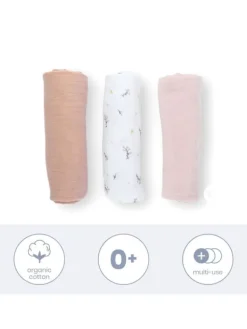 Luomupuuvillainen harso 3-Pack, flower pink | Puuvillaharsot