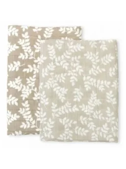 Hot Luomupuuvillainen harso 60x60 2-pack, Leaves-taupe Puuvillaharsot